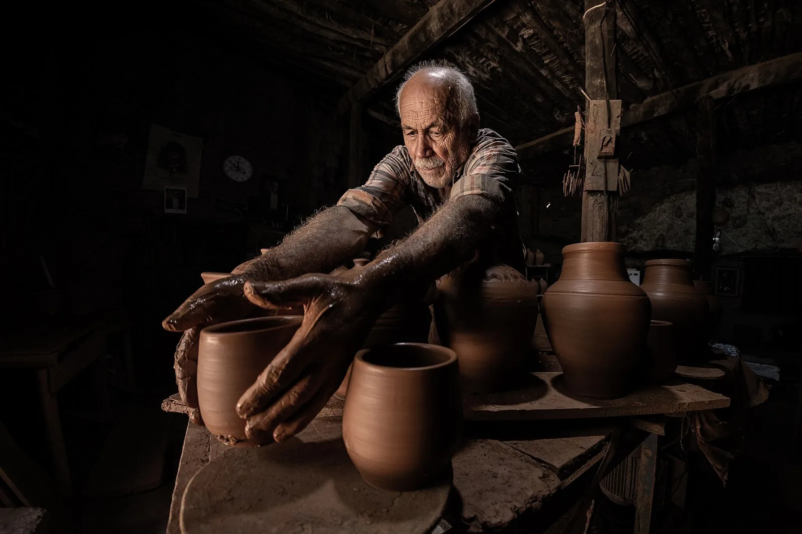 Alfarero trabajando en su taller entre vasijas de barro
